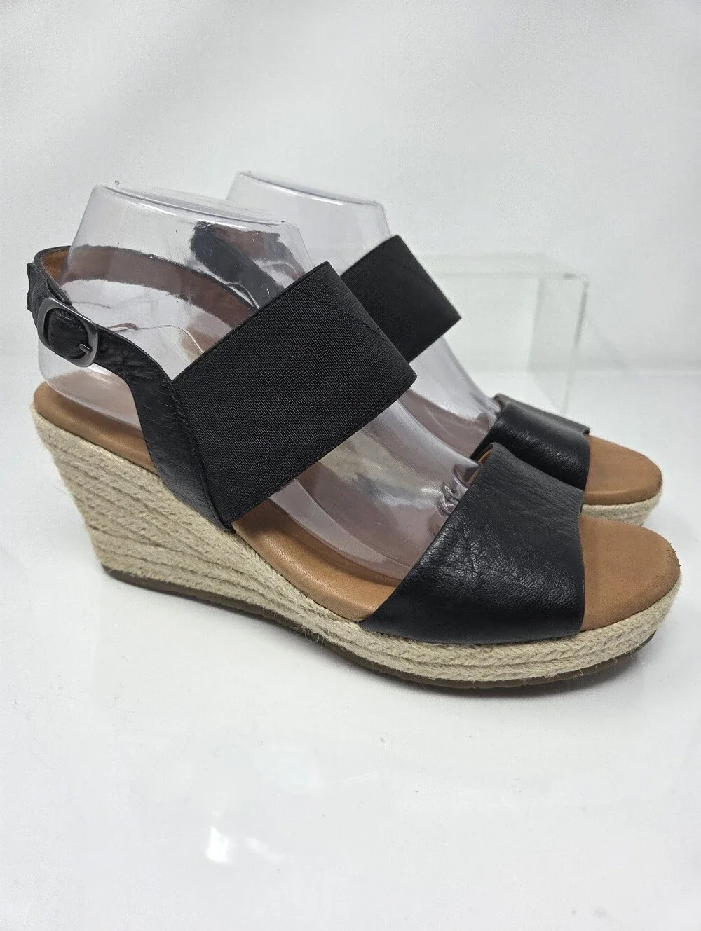 Gentle Souls Kara Espadrille Wedge Sandals Black Leather Womens 10M